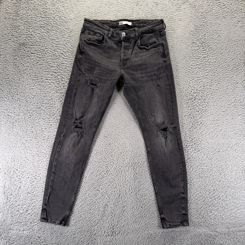 Zara Jeans Mens 32x30 Black Cotton Denim Skinny Distressed Whiskered Button-Fly
